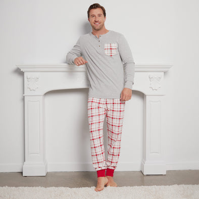 Petit Lem - Ensemble pyjama col Henley à carreaux écossais rouge pour homme