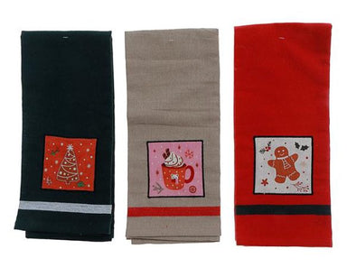 TORCHON DE CUISINE EN COTON UNI AVEC MOTIF DE FÊTES asst