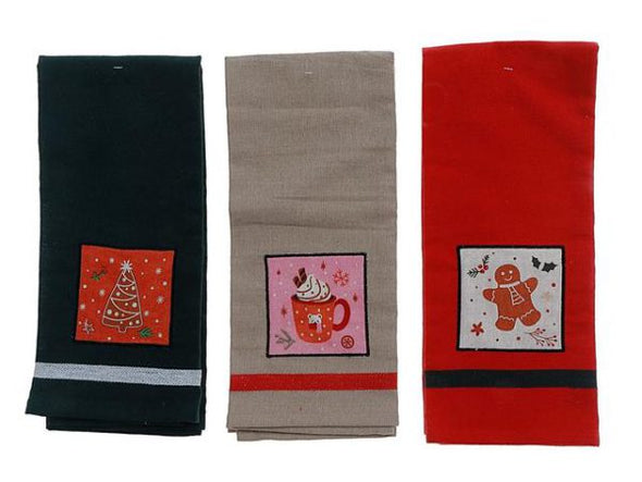 TORCHON DE CUISINE EN COTON UNI AVEC MOTIF DE FÊTES asst