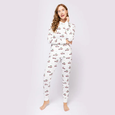Petit Lem - Ensemble pyjama blanc cassé à imprimés de voitures festives pour femme