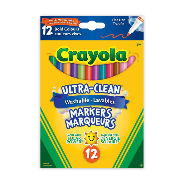 Crayola Marqueurs à lignes fines lavables ultra-propres, couleurs vives, 12 pièces